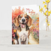 Birthday Beagle Dog Colorful Garden Path  カード (黄色い花)