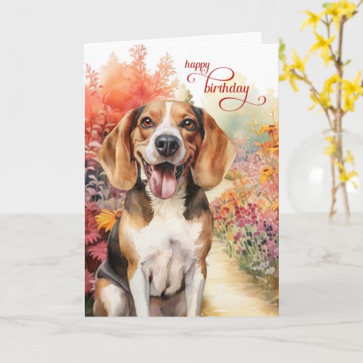 Birthday Beagle Dog Colorful Garden Path  カード (黄色い花)