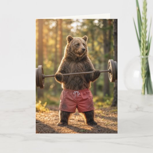 Birthday Bear Lifting Weights In a Sunny Forest カード (正面)