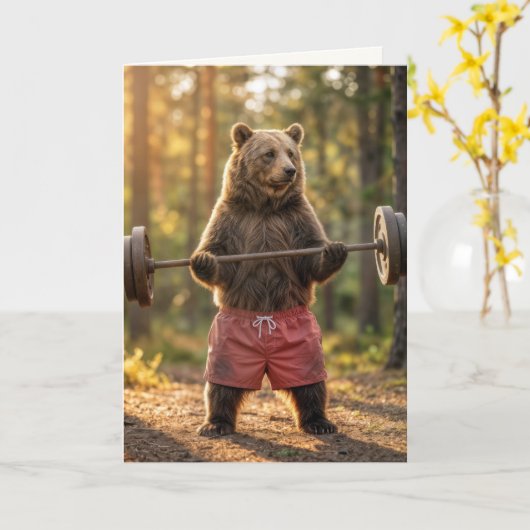 Birthday Bear Lifting Weights In a Sunny Forest カード (黄色い花)