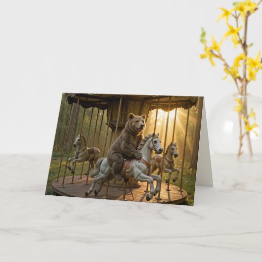 Birthday Bear Riding on a Carousel カード (黄色い花)