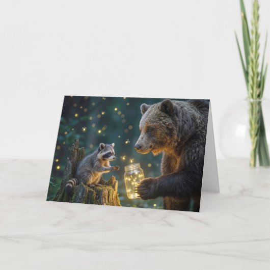 Birthday Bear with Raccoon and Fireflies カード (正面)