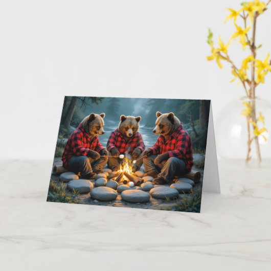 Birthday Bears Roasting Marshmallows カード (黄色い花)