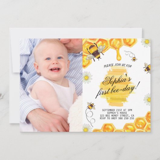 Birthday Bee Honey Girl First Photo 招待状 (正面)