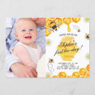 Birthday Bee Honey Girl First Photo 招待状
