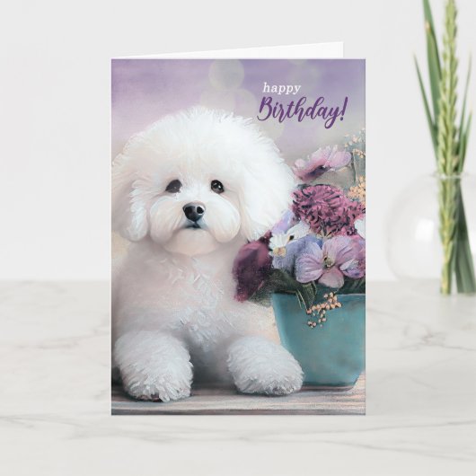 Birthday Bichon Frise Dog with Purple Flowers カード (正面)