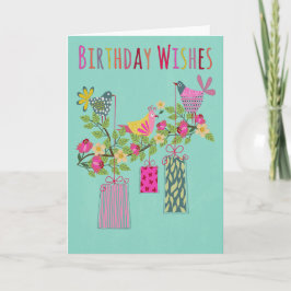 Birthday Birds with Presents on a Branch カード