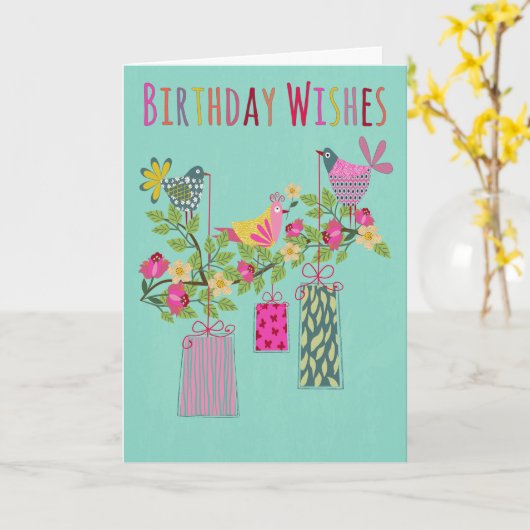 Birthday Birds with Presents on a Branch カード (黄色い花)