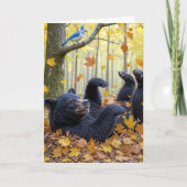 Birthday Black Bear Rolling In Autumn Leaves カード (正面)