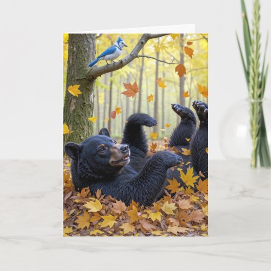 Birthday Black Bear Rolling In Autumn Leaves カード (正面)