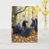Birthday Black Bear Rolling In Autumn Leaves カード (黄色い花)