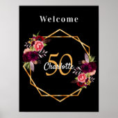 Birthday black burgundy florals geometric welcome ポスター (正面)