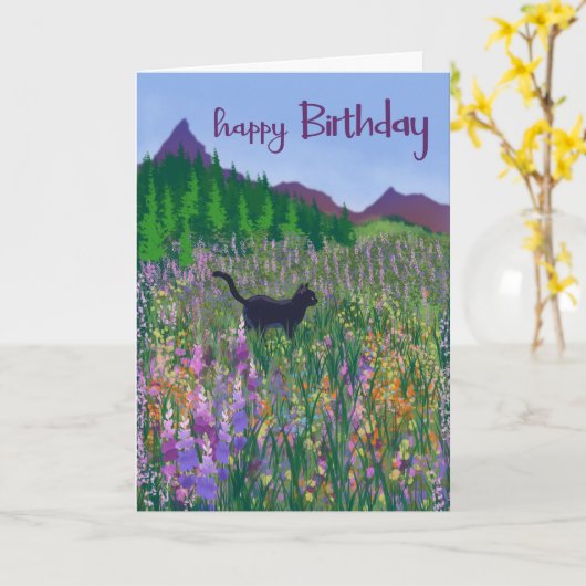 Birthday Black Cat and Wildflowers カード (黄色い花)