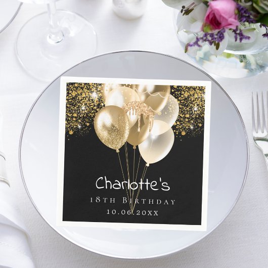 Birthday black gold balloons glitter スタンダードカクテルナプキン