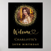 Birthday black gold glitter photo welcome ポスター (正面)
