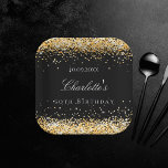 Birthday black gold glitter sparkles name elegant ペーパープレート<br><div class="desc">For a glamorous 50th (or any age) birthday party. A stylish black background. Decorated with faux gold glitter,  sparkles.  Personalize and add a name and age 50. The name is written with a modern hand lettered style script.</div>