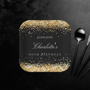 Birthday black gold glitter sparkles name elegant ペーパープレート