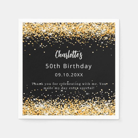 Birthday black gold name script text スタンダードカクテルナプキン (正面)