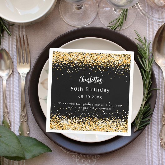Birthday black gold name script text スタンダードカクテルナプキン