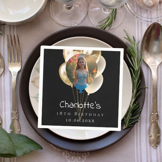Birthday black gold photo balloons スタンダードカクテルナプキン