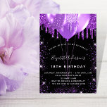 Birthday black purple glitter dust balloons インビテーションポストカード<br><div class="desc">For an elegant 18th (or any age) birthday. A stylish black background. Decorated with purple faux glitter and balloons. Personalize and add a name, age and party details. The name is written with a hand lettered style script. Back: postcard design. Tip: If you don't want it to look like a...</div>