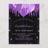 Birthday black purple glitter dust balloons インビテーションポストカード (正面)