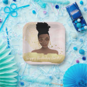 Birthday, Black Woman, Gold Tropical Leaf, Pink ペーパープレート (パーティー)