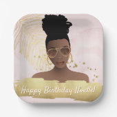 Birthday, Black Woman, Gold Tropical Leaf, Pink ペーパープレート (正面)