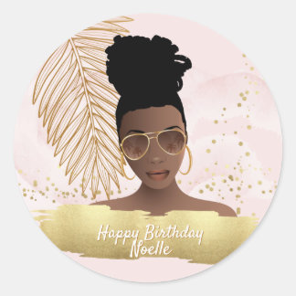 Birthday, Black Woman, Gold Tropical Leaf, Pink ラウンドシール