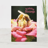 Birthday Blessings Honeybee on Pink Zinnia Flower カード (正面)