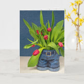 Birthday Blue Jeans Pot With Tulips カード (黄色い花)