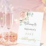 Birthday blush pink floral eucalyptus welcome 台座サイン<br><div class="desc">Welcome to an elegant 21st (or any age) birthday party. A chic white background. Decorated with rose gold,  blush pink watercolored floral,  rose and green eucalyptus leaves,  sprigs,  greenery,  faux gold leaves. Personalize and add a name and age 21.  Black and golden letters.</div>