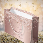 Birthday blush rose gold glitter dust name ラージペーパーバッグ<br><div class="desc">A gift bag for a girly and glamorous 21st (or any age) birthday.  A rose gold gradient background with rose gold,  blush glitter dust. Personalize and add a date,  name and age 21. The name is written in dark rose gold with a modern hand lettered style script.</div>