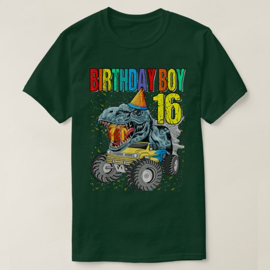 Birthday Boy 16 Monster Truck Dinosaur 16th Birthd Tシャツ (デザイン正面)