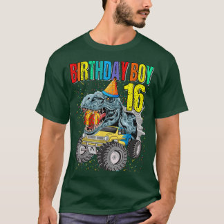 Birthday Boy 16 Monster Truck Dinosaur 16th Birthd Tシャツ