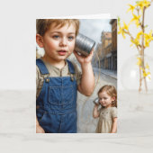 Birthday Boy and Girl With Tin Can Telephone カード (黄色い花)
