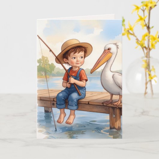 Birthday Boy Fishing On a Dock With a Pelican カード (黄色い花)