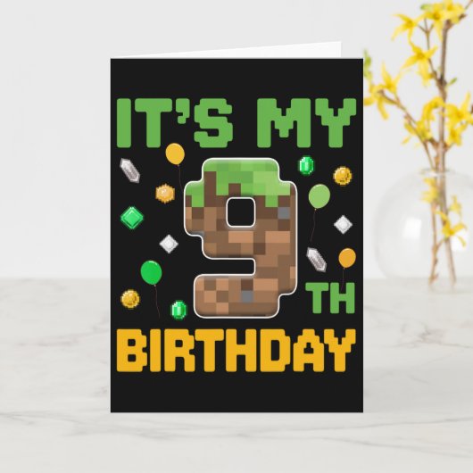 Birthday Boy It's My 9th Birthday Gamer Pixel Numb カード (黄色い花)