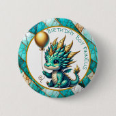 Birthday Boy Personalized Teal and Gold Dragon 缶バッジ (正面)