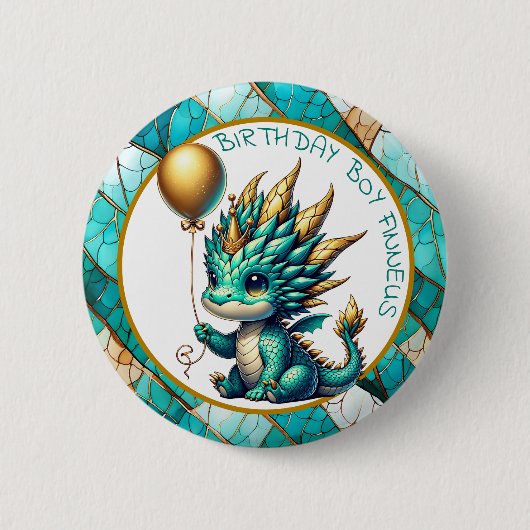 Birthday Boy Personalized Teal and Gold Dragon 缶バッジ (正面)
