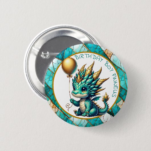 Birthday Boy Personalized Teal and Gold Dragon 缶バッジ (正面&裏面)