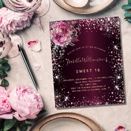 Birthday burgundy pink florals budget invitation