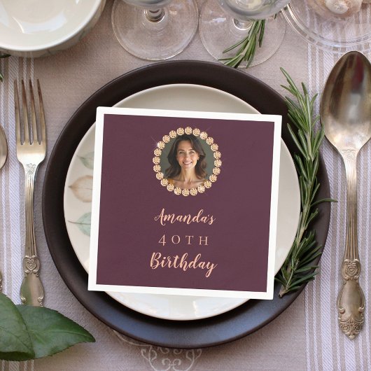 Birthday burgundy rose gold photo diamonds スタンダードカクテルナプキン