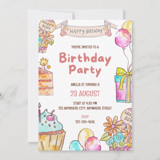 Birthday Cake Kids Party Invitation  招待状 (正面)
