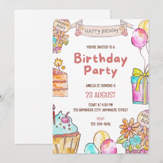 Birthday Cake Kids Party Invitation  招待状 (正面/裏面)