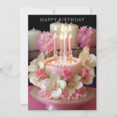 Birthday Cake  Pink Candles Lovely Flowers カード (正面)