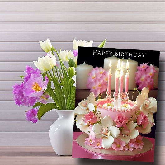 Birthday Cake  Pink Candles Lovely Flowers カード