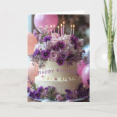 Birthday Cake Purple Pansies Hydrangea Birthday カード (正面)