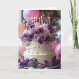 Birthday Cake Purple Pansies Hydrangea Birthday カード