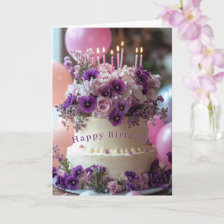 Birthday Cake Purple Pansies Hydrangea Birthday カード